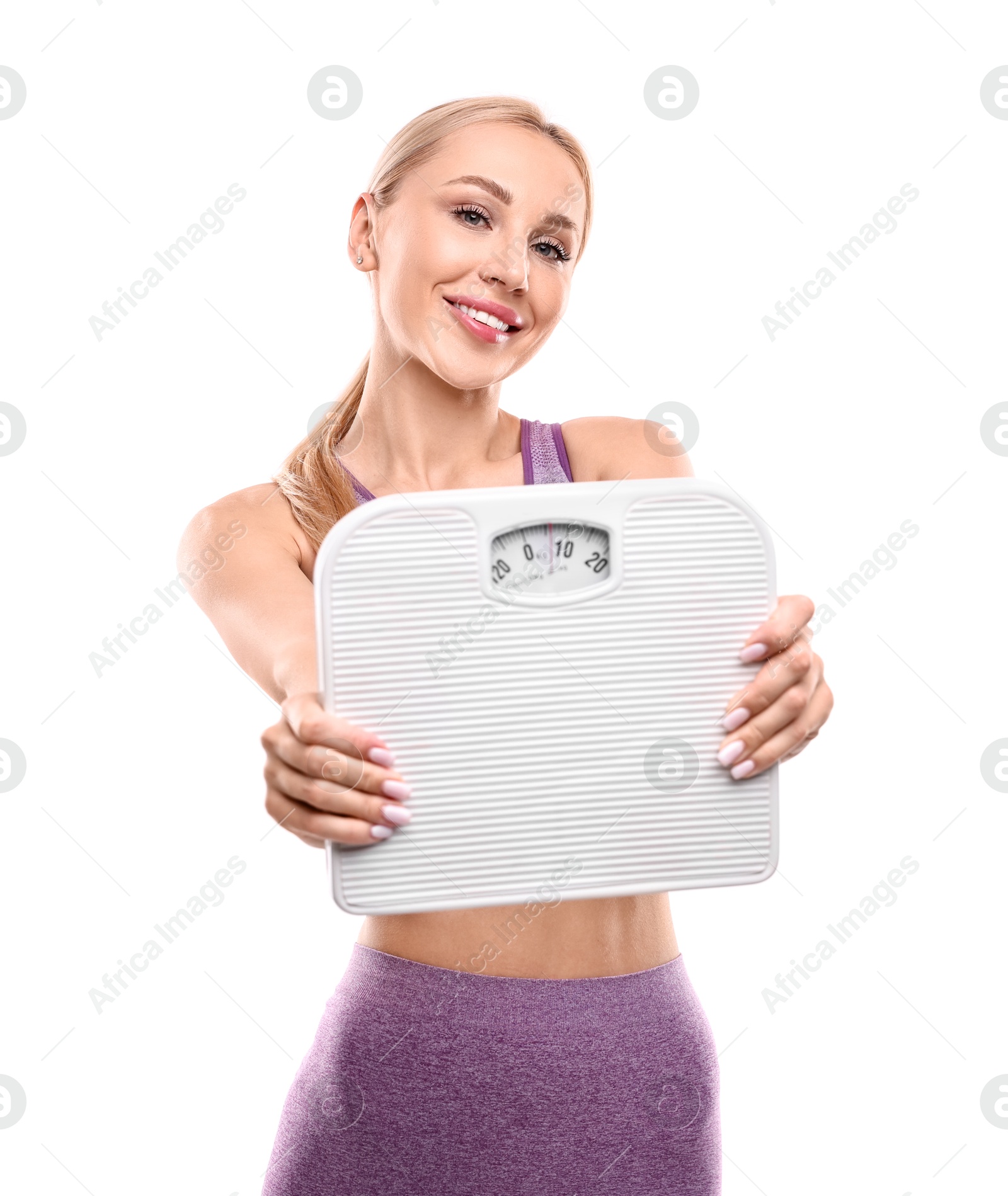 Photo of Happy woman with floor scale on white background