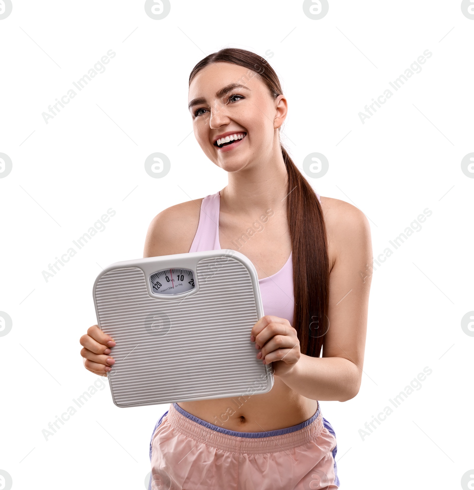 Photo of Happy woman with floor scale on white background