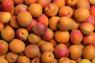 Photo of Delicious fresh ripe apricots as background, top view