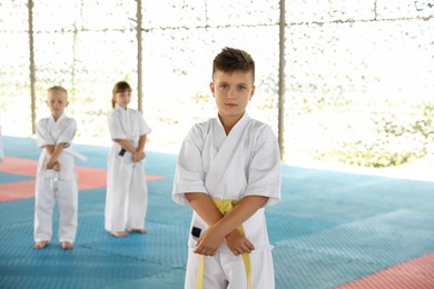 Photo of Boy in kimono during karate practice on tatami outdoors