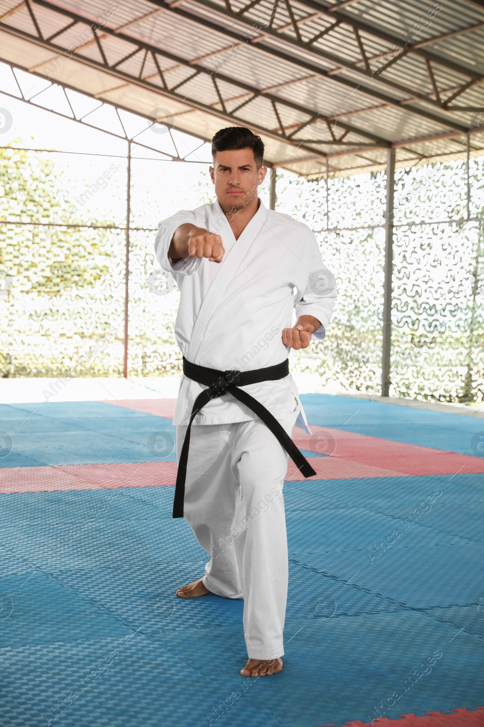 Photo of Professional coach showing karate moves at gym