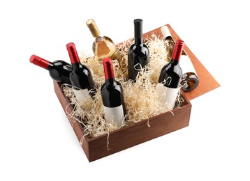 Photo of Wooden gift box with wine bottles isolated on white