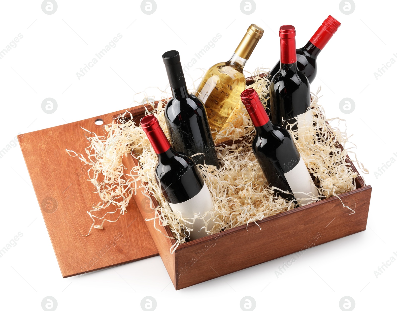 Photo of Wooden gift box with wine bottles isolated on white