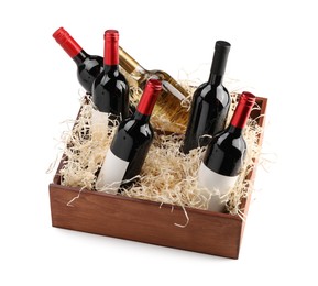 Wooden gift box with wine bottles isolated on white