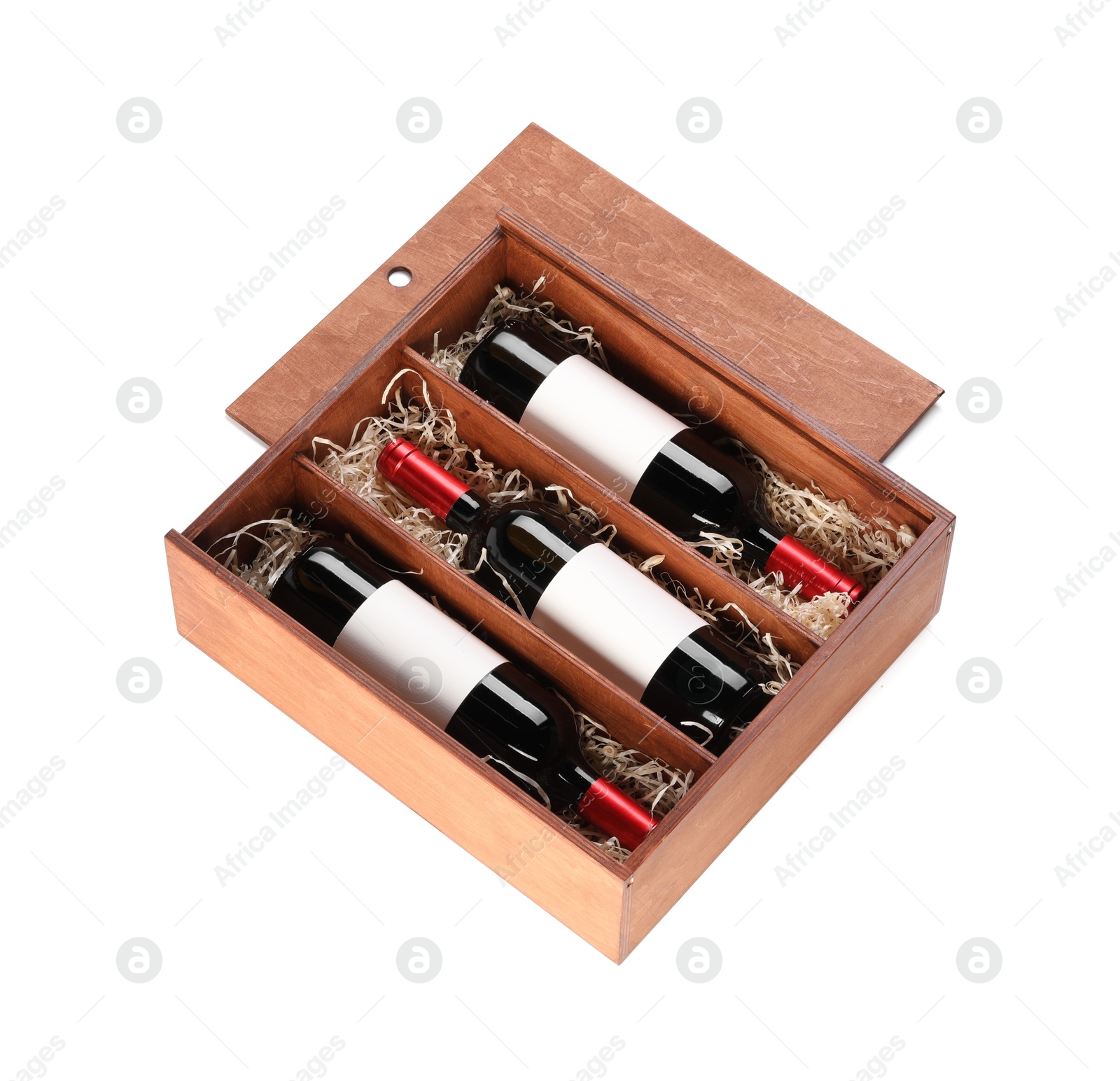 Photo of Wooden gift box with wine bottles isolated on white, above view