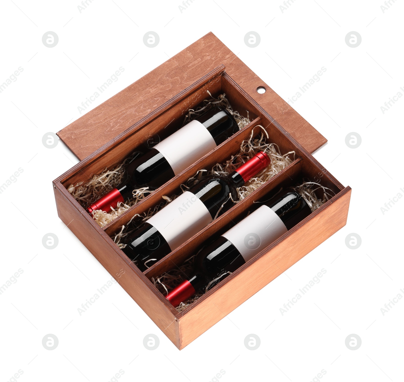 Photo of Wooden gift box with wine bottles isolated on white, above view