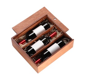 Photo of Wooden gift box with wine bottles isolated on white, above view