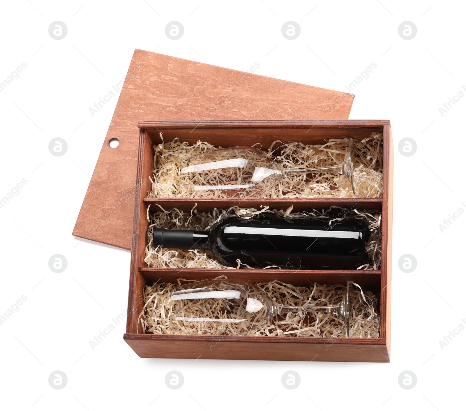 Photo of Wooden gift box, wine and glasses isolated on white, top view