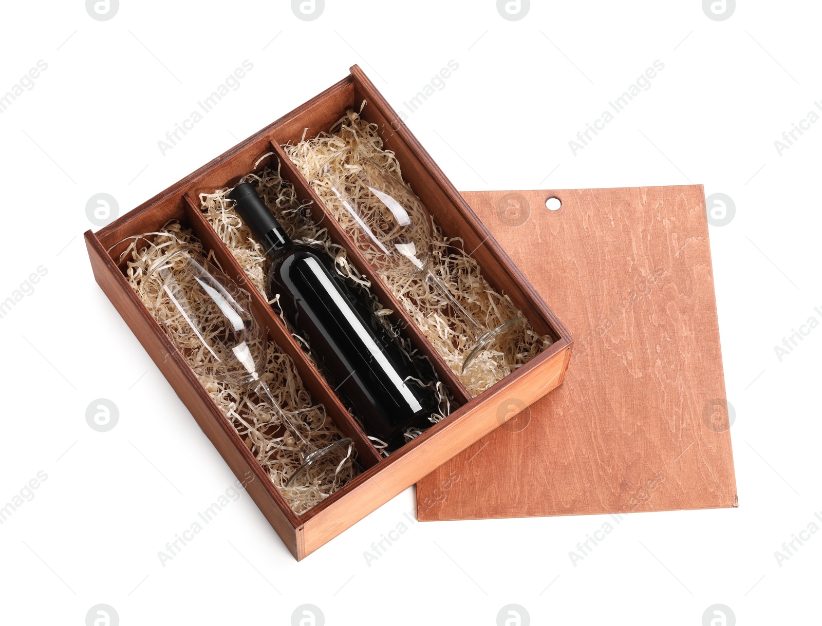 Photo of Wooden gift box, wine and glasses isolated on white, top view