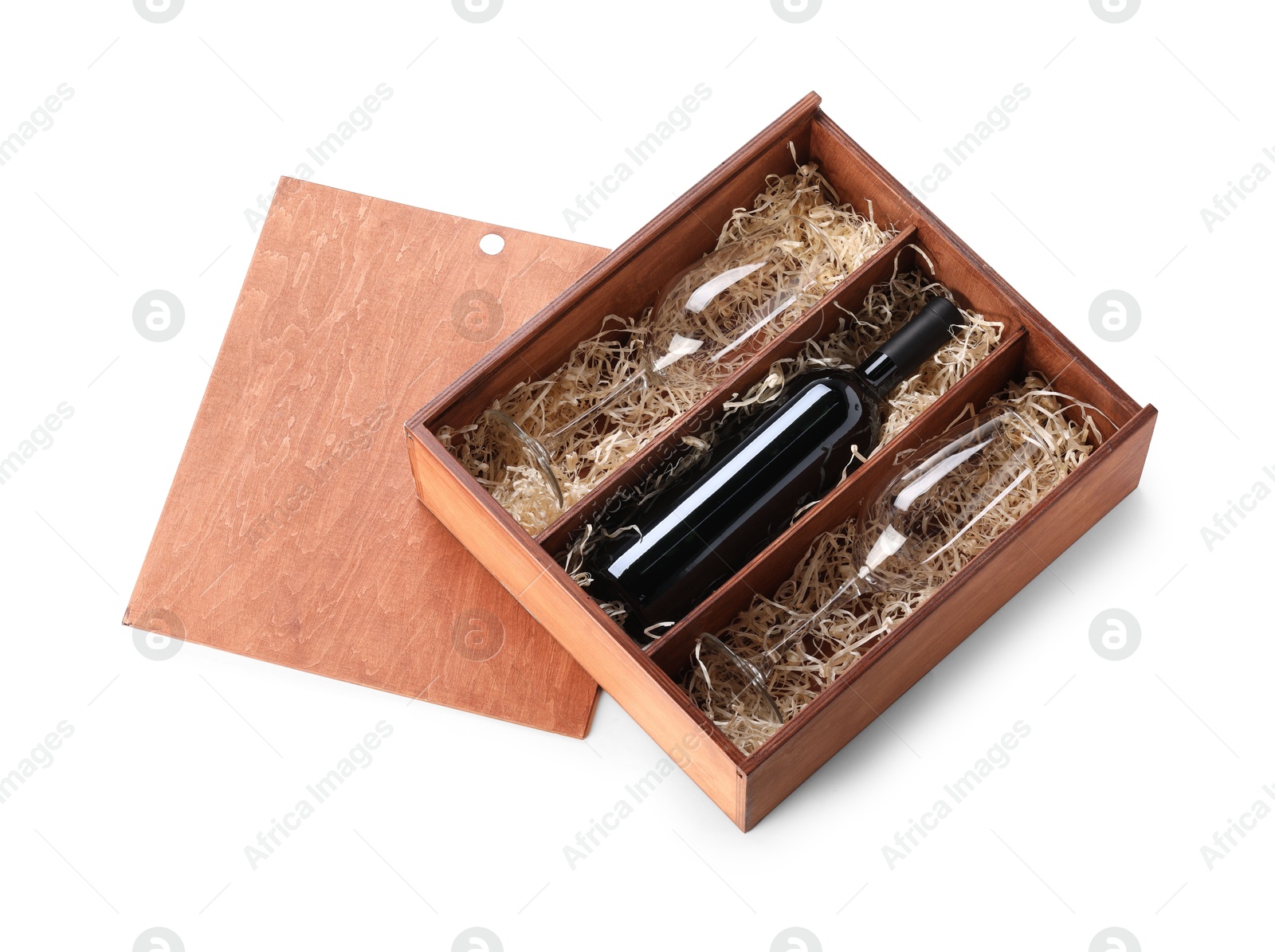 Photo of Wooden gift box, wine and glasses isolated on white, top view