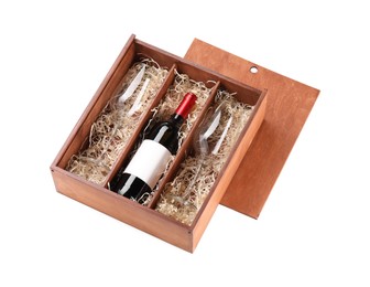 Photo of Wooden gift box, wine and glasses isolated on white, above view