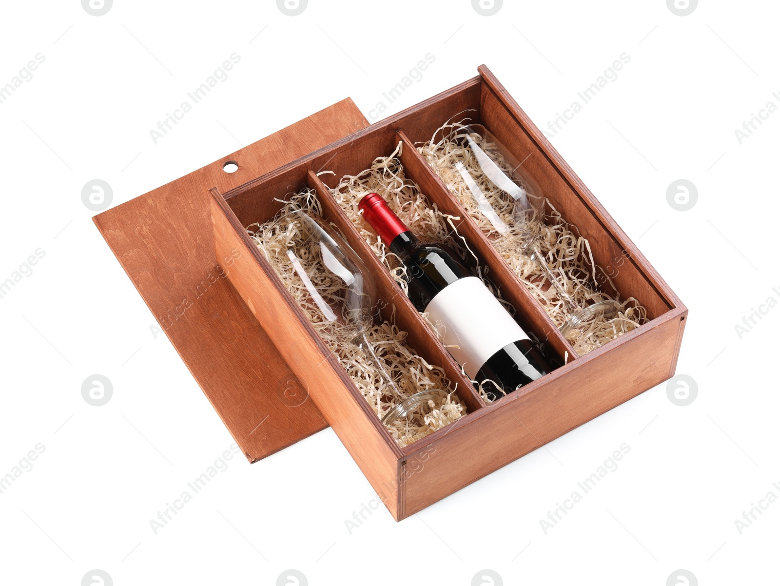 Photo of Wooden gift box, wine and glasses isolated on white, above view