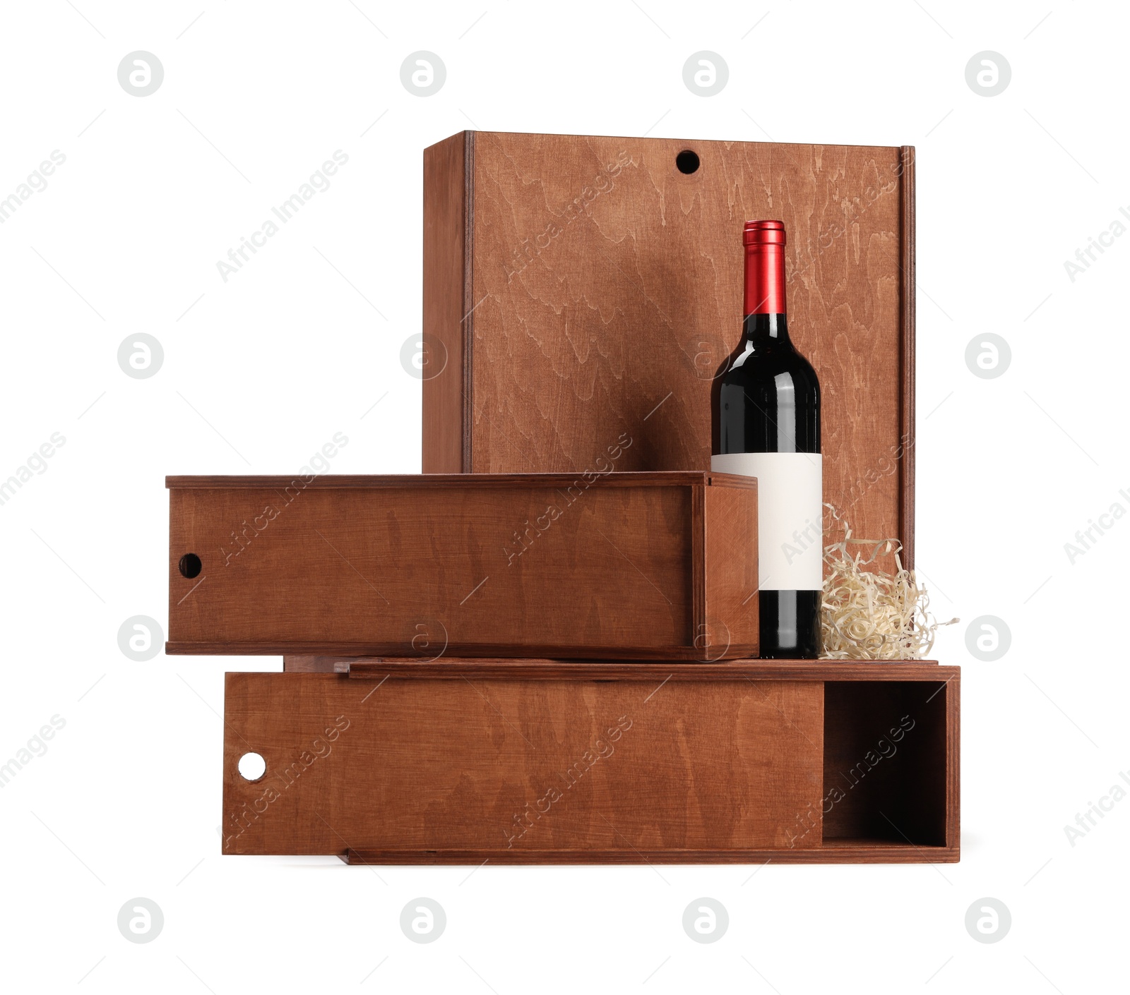 Photo of Wooden gift boxes with wine isolated on white