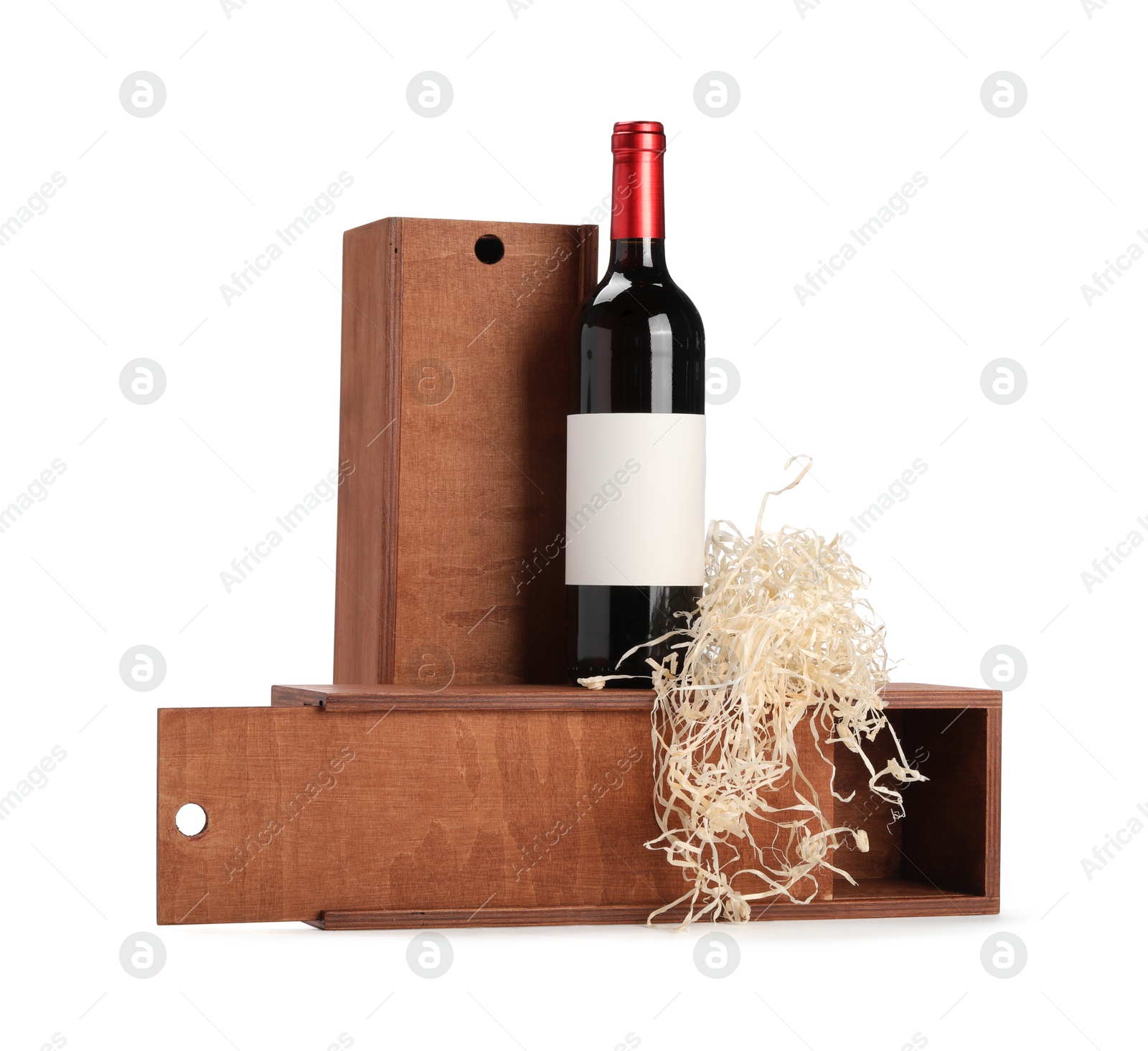 Photo of Wooden gift boxes with wine isolated on white