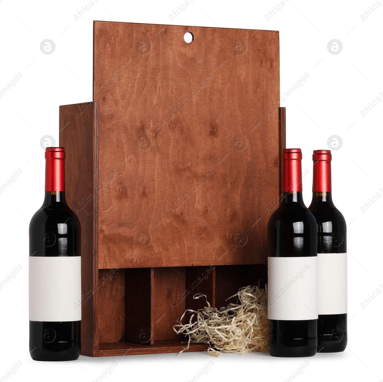 Photo of Wooden gift box with wine bottles isolated on white