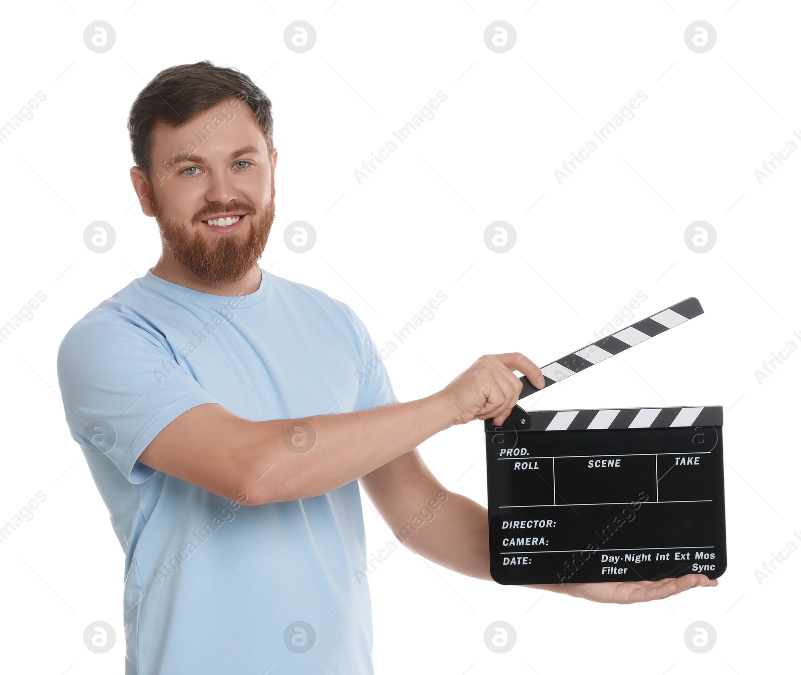 Photo of Making movie. Smiling man with clapperboard on white background