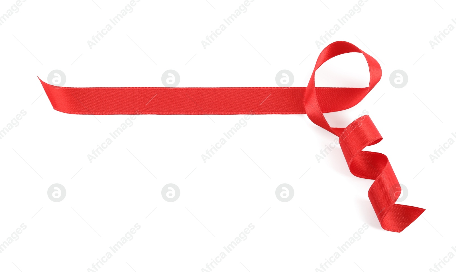 Photo of Beautiful red ribbon isolated on white, top view