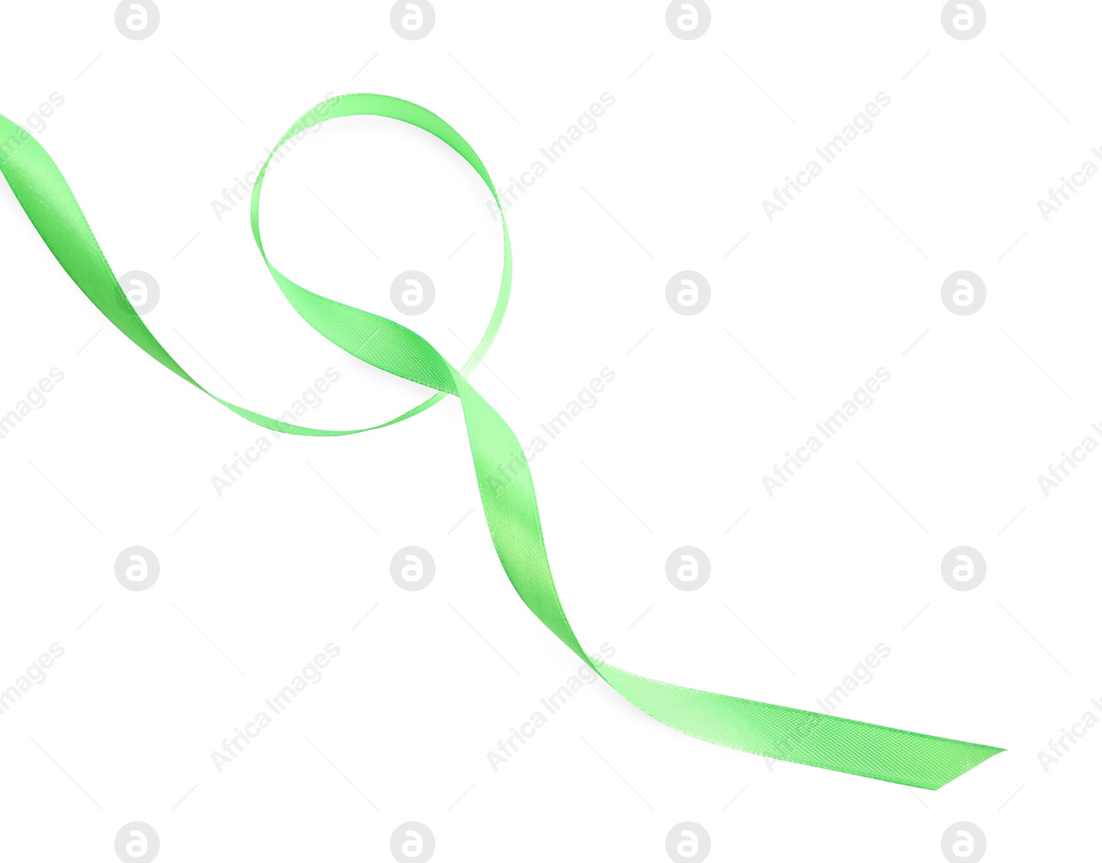 Photo of Beautiful green ribbon isolated on white, top view