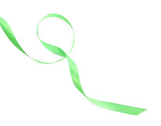 Photo of Beautiful green ribbon isolated on white, top view