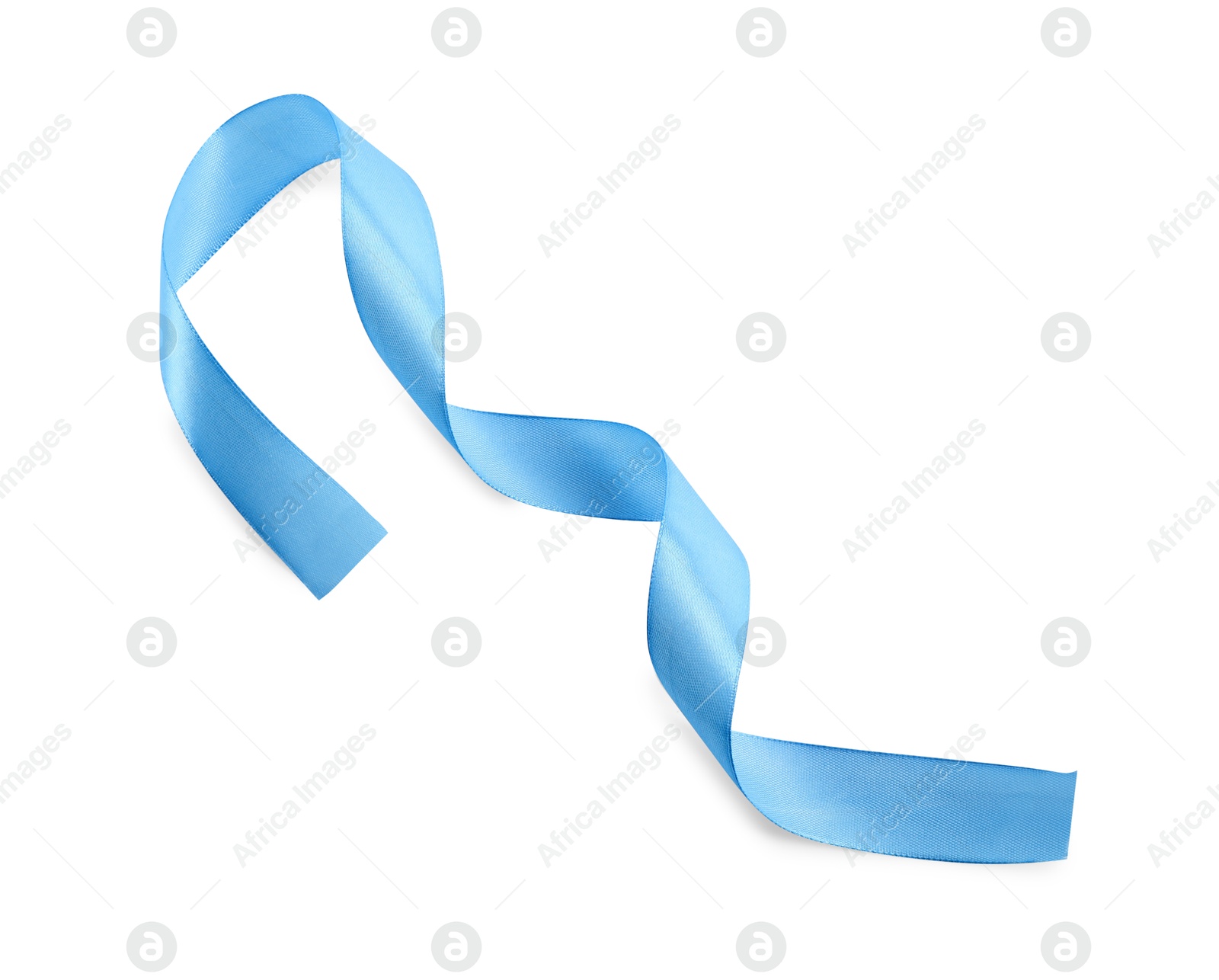 Photo of Beautiful light blue ribbon isolated on white, top view