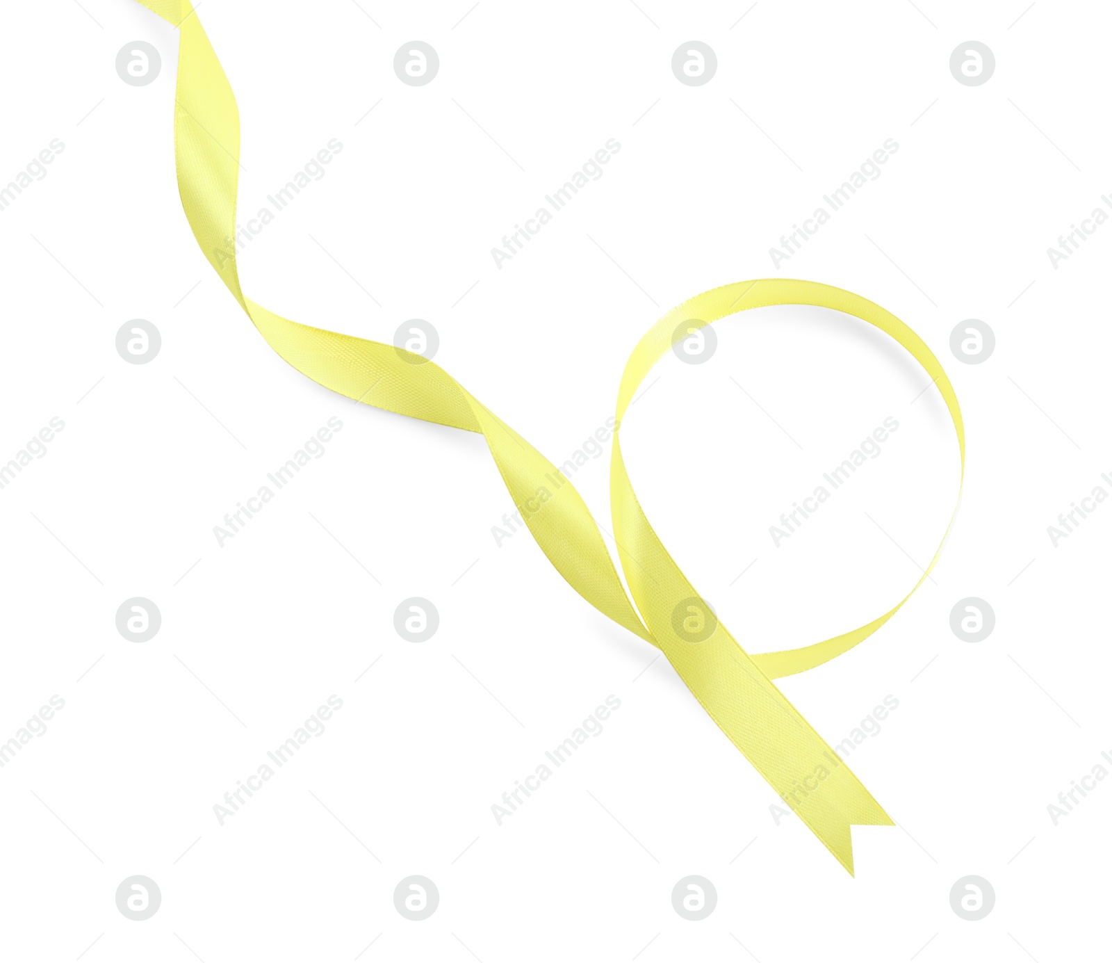 Photo of Beautiful yellow ribbon isolated on white, top view