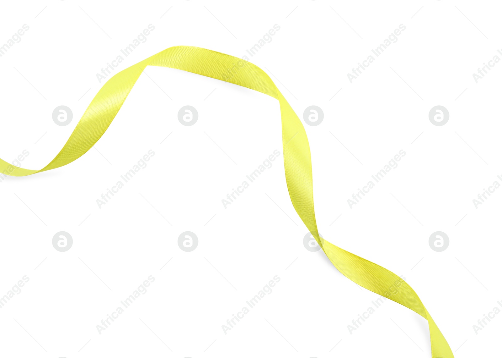 Photo of Beautiful yellow ribbon isolated on white, top view