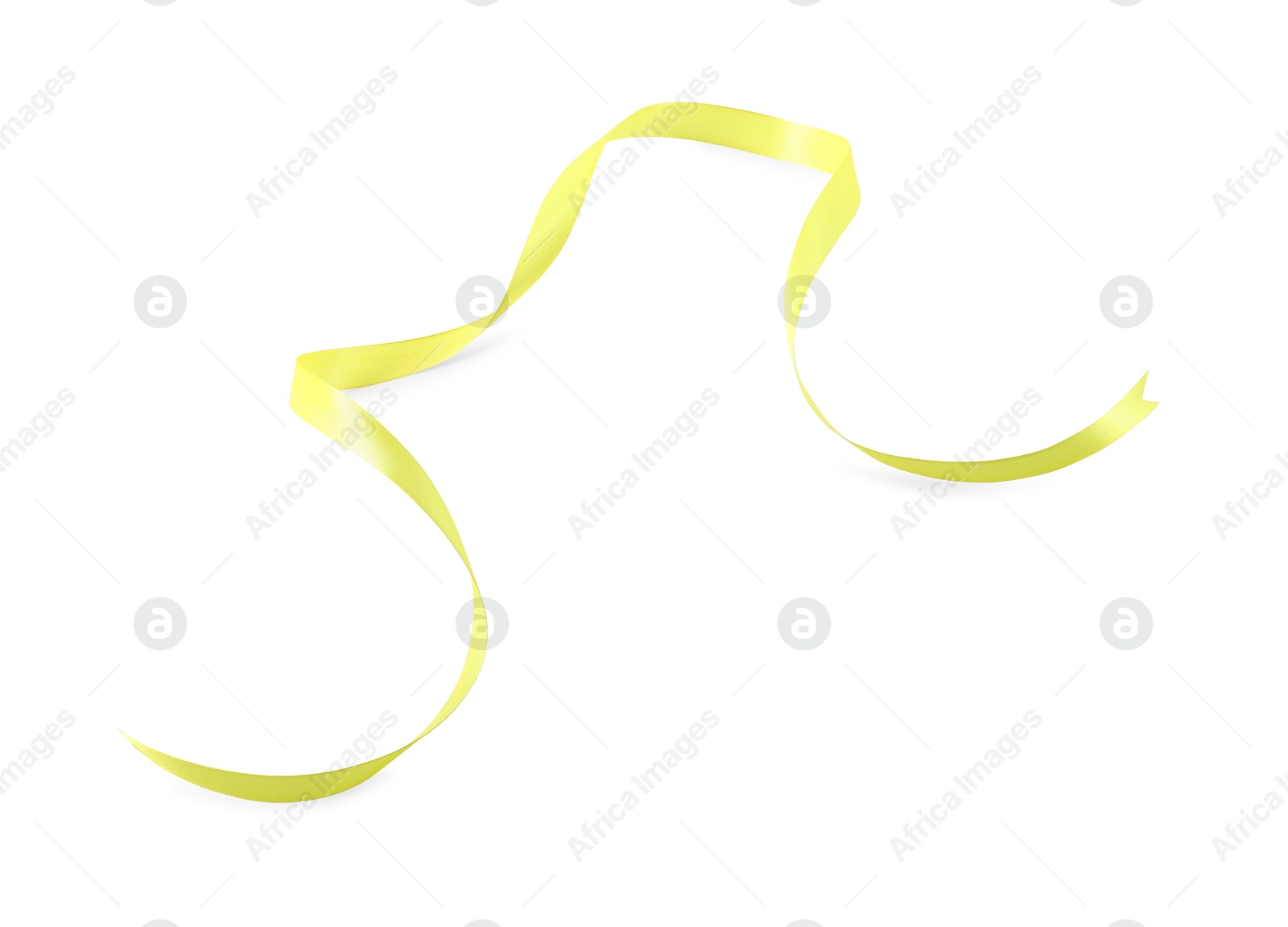 Photo of Beautiful yellow ribbon isolated on white, top view