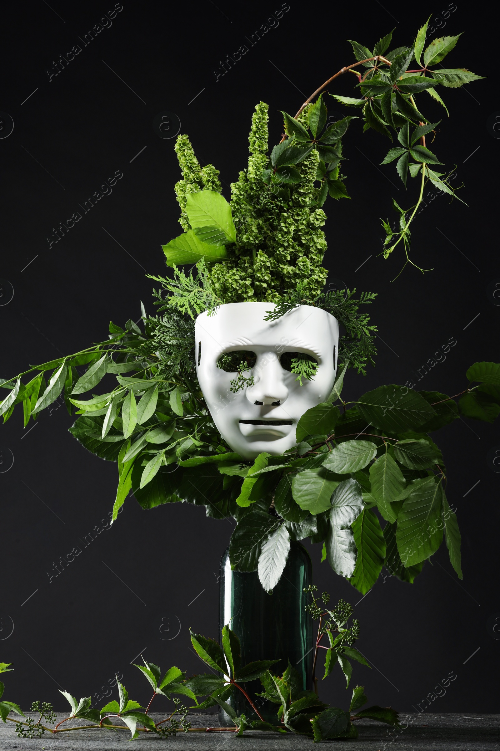 Photo of Theatrical performance. Plastic mask and floral decor on table against black background