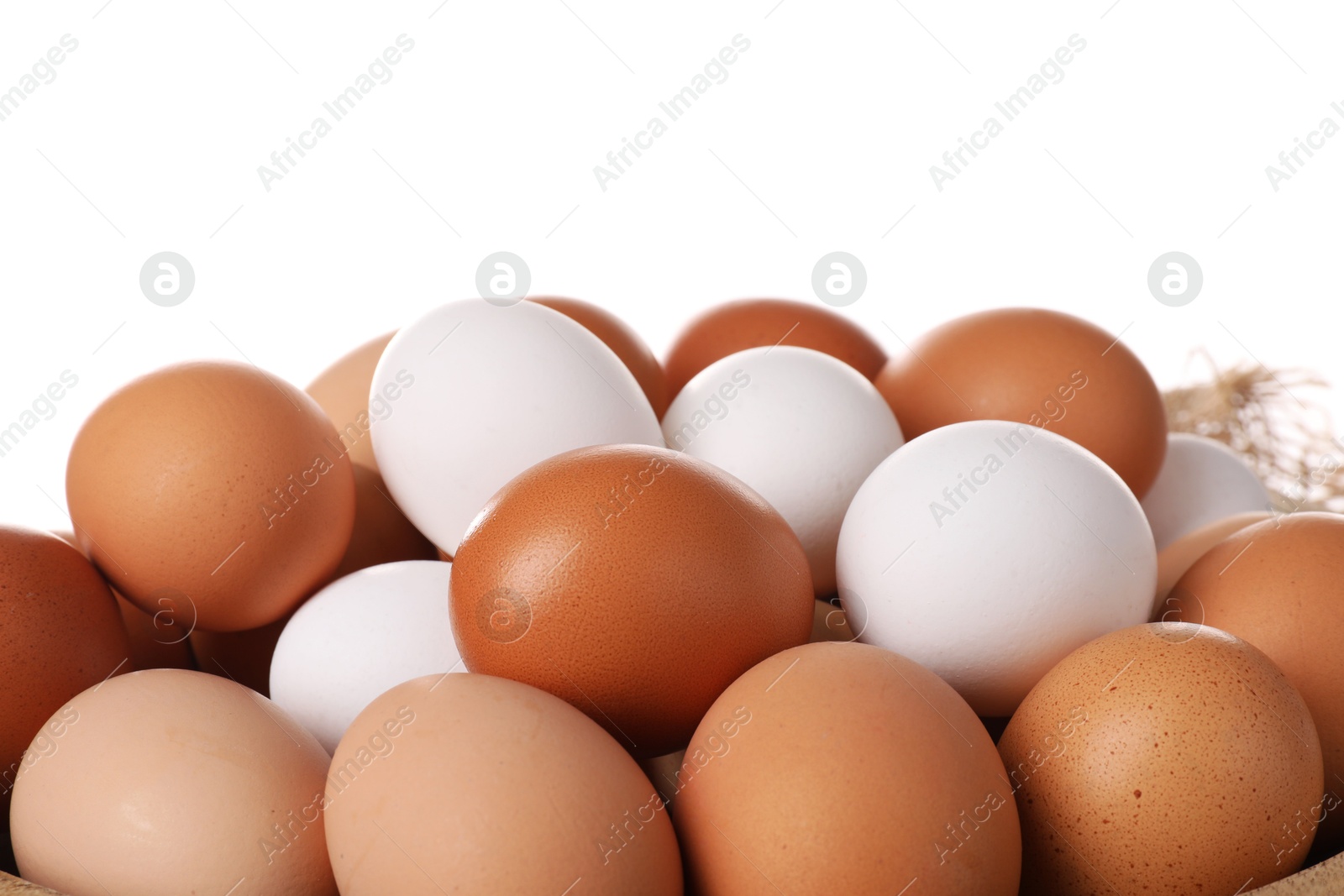 Photo of Fresh raw chicken eggs on white background