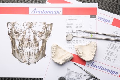 Photo of Dental model with gums, anatomy charts and dentist tools on grey wooden table, flat lay. Cast of teeth