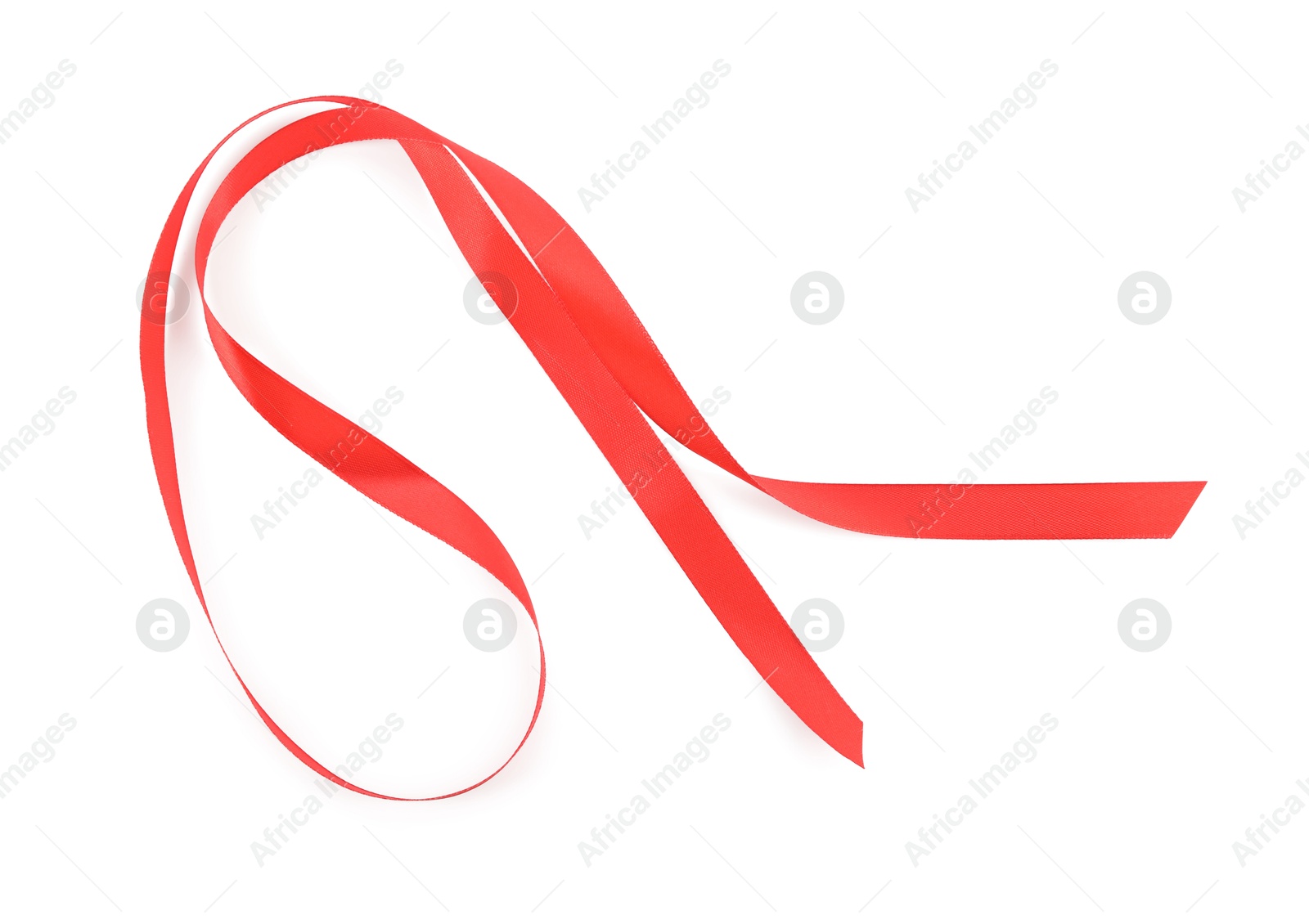 Photo of Beautiful red ribbon isolated on white, top view