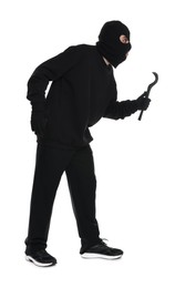 Thief in balaclava with crowbar on white background