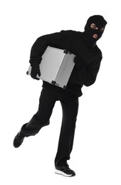 Thief in balaclava running with briefcase of money on white background