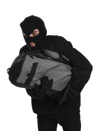 Photo of Thief in balaclava with bag on white background