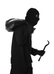 Thief in balaclava with crowbar and bag on white background