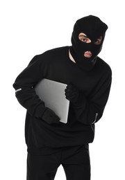 Photo of Thief in balaclava with laptop on white background