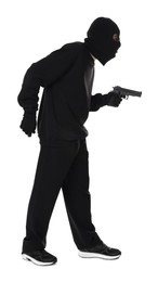 Photo of Thief in balaclava with gun sneaking on white background