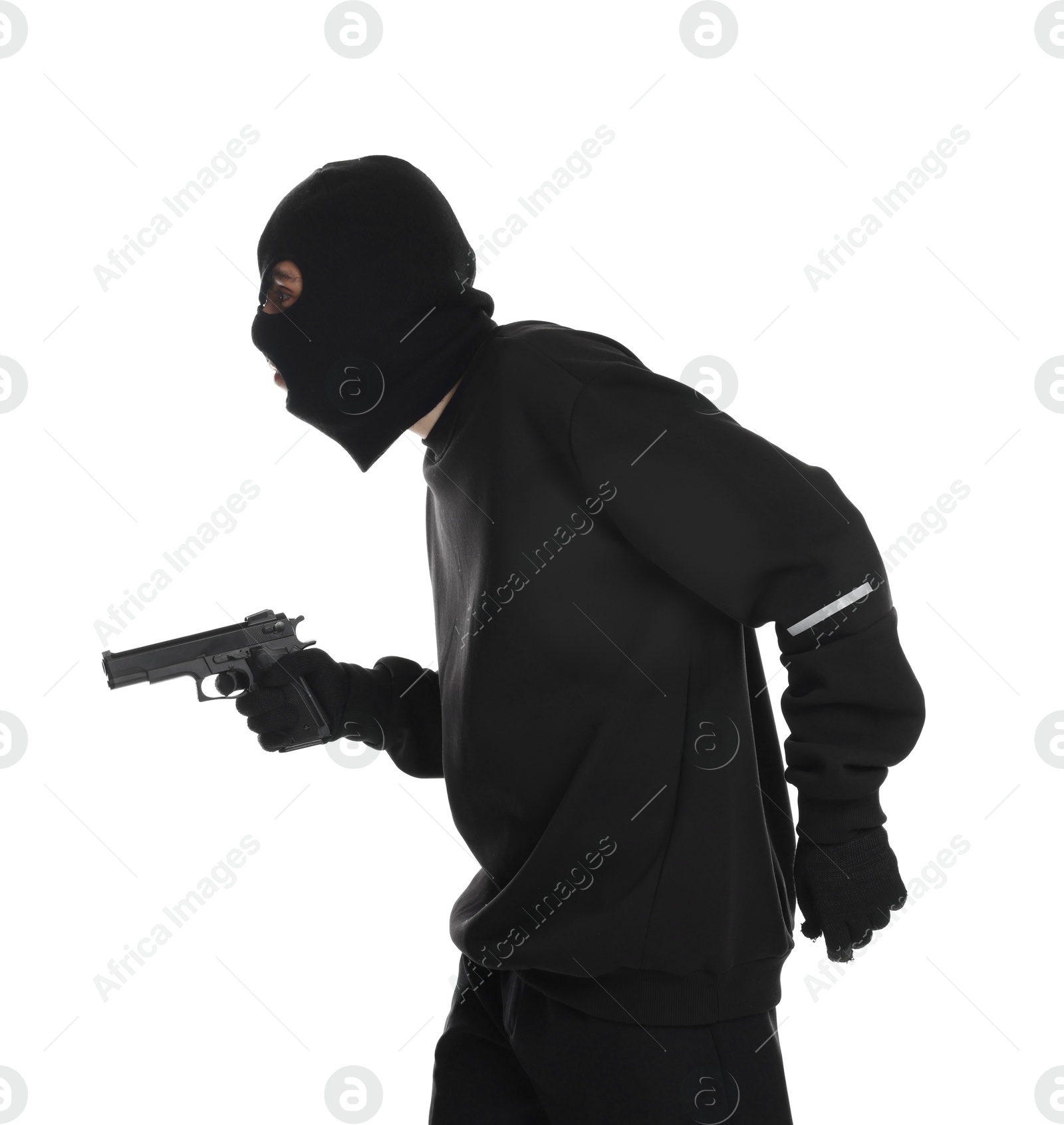 Photo of Thief in balaclava with gun on white background