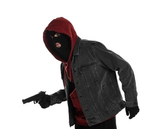 Photo of Thief in balaclava with gun on white background