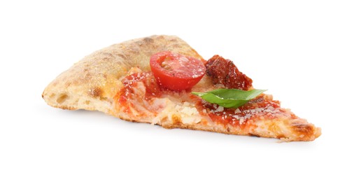Photo of Piece of delicious Margherita pizza isolated on white