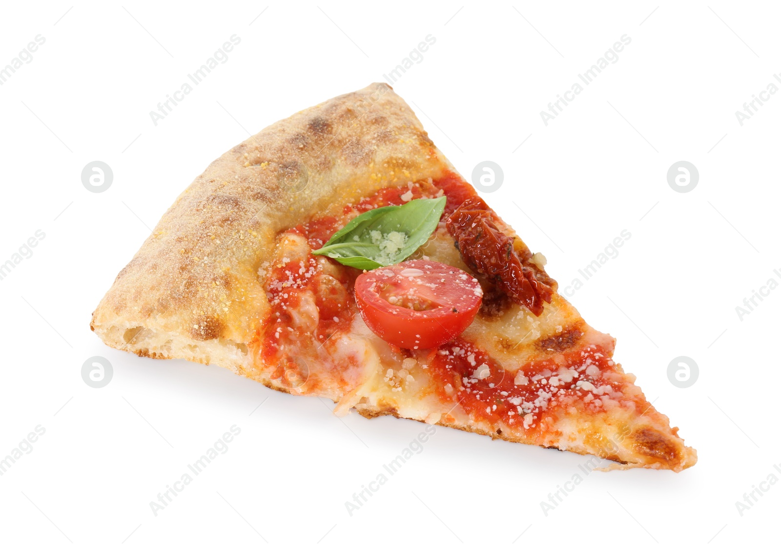 Photo of Piece of delicious Margherita pizza isolated on white