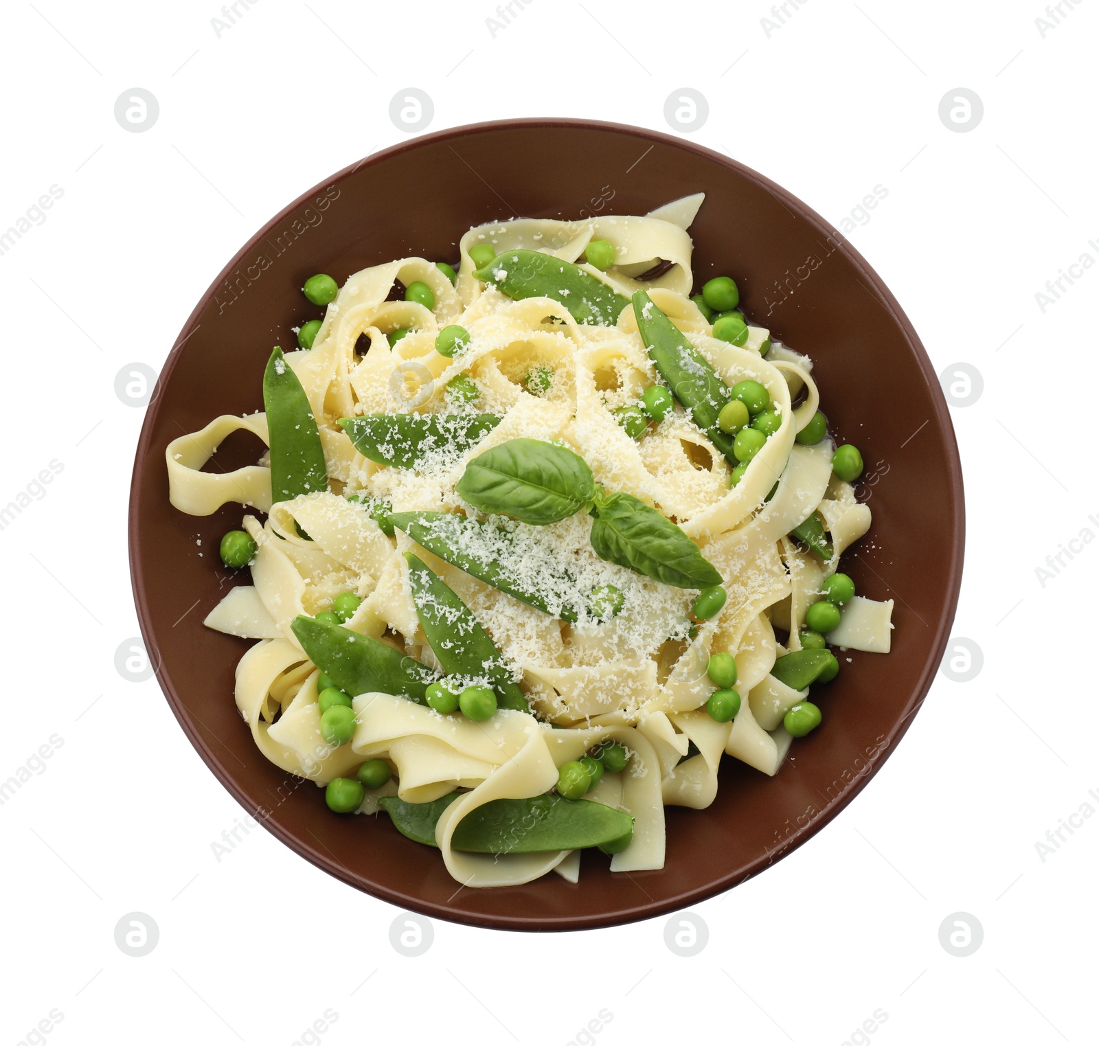 Photo of Delicious pasta with green peas isolated on white, top view