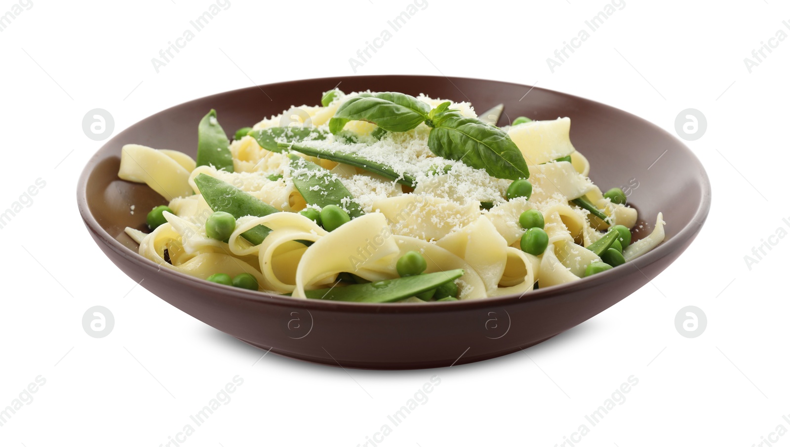 Photo of Delicious pasta with green peas isolated on white