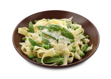 Photo of Delicious pasta with green peas isolated on white