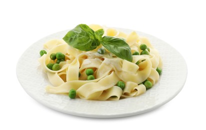 Photo of Delicious pasta with green peas, fresh basil and creamy sauce isolated on white