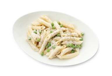 Delicious pasta with green peas and creamy sauce isolated on white, top view