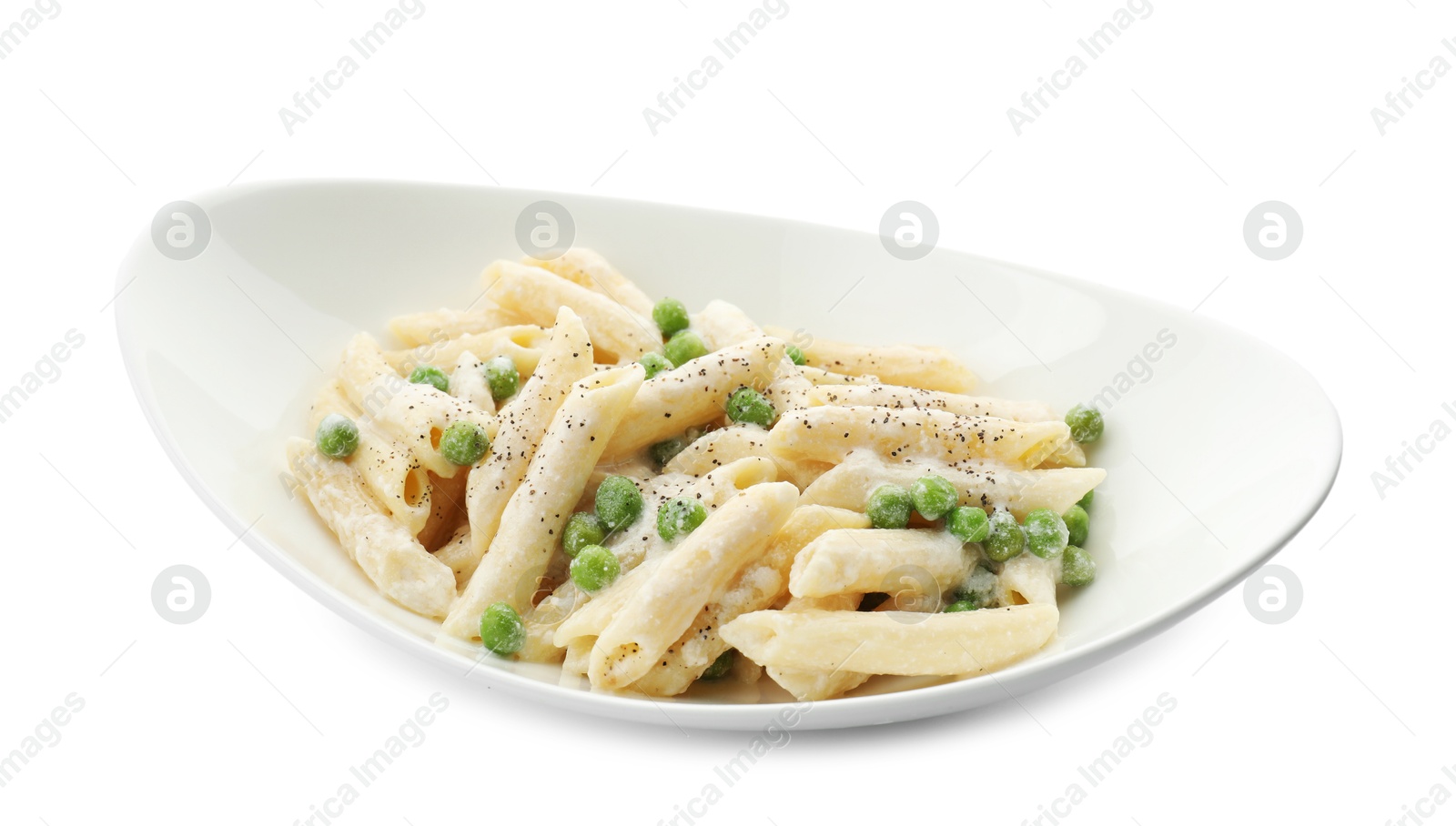 Photo of Delicious pasta with green peas and creamy sauce isolated on white