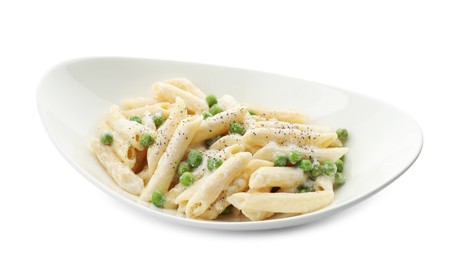 Delicious pasta with green peas and creamy sauce isolated on white