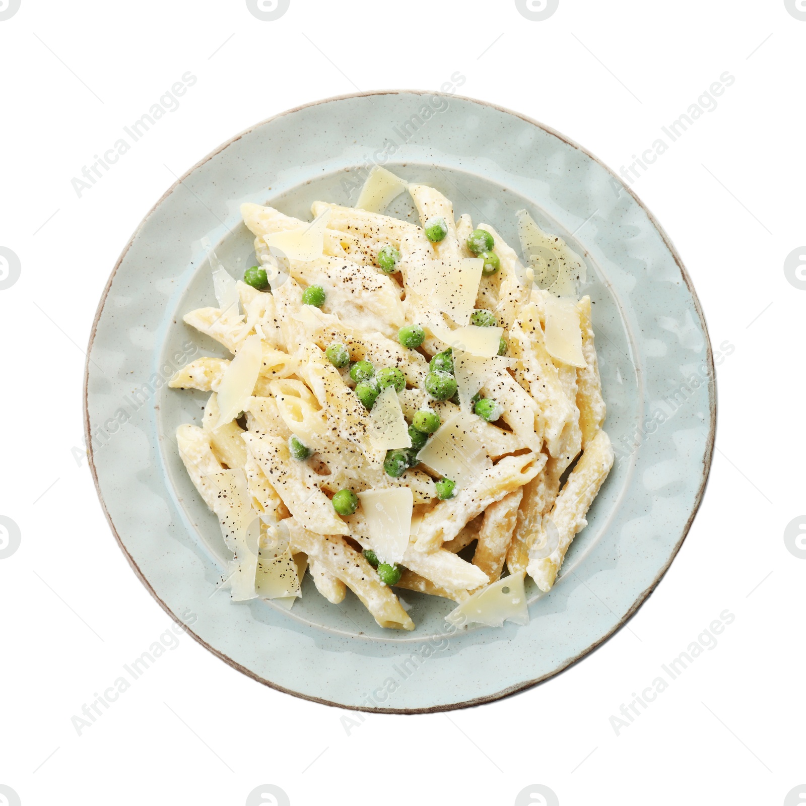 Photo of Delicious pasta with green peas, cheese and creamy sauce isolated on white, top view