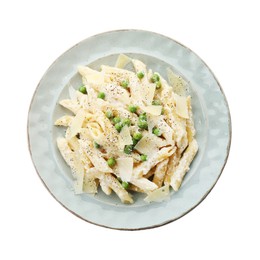 Photo of Delicious pasta with green peas, cheese and creamy sauce isolated on white, top view